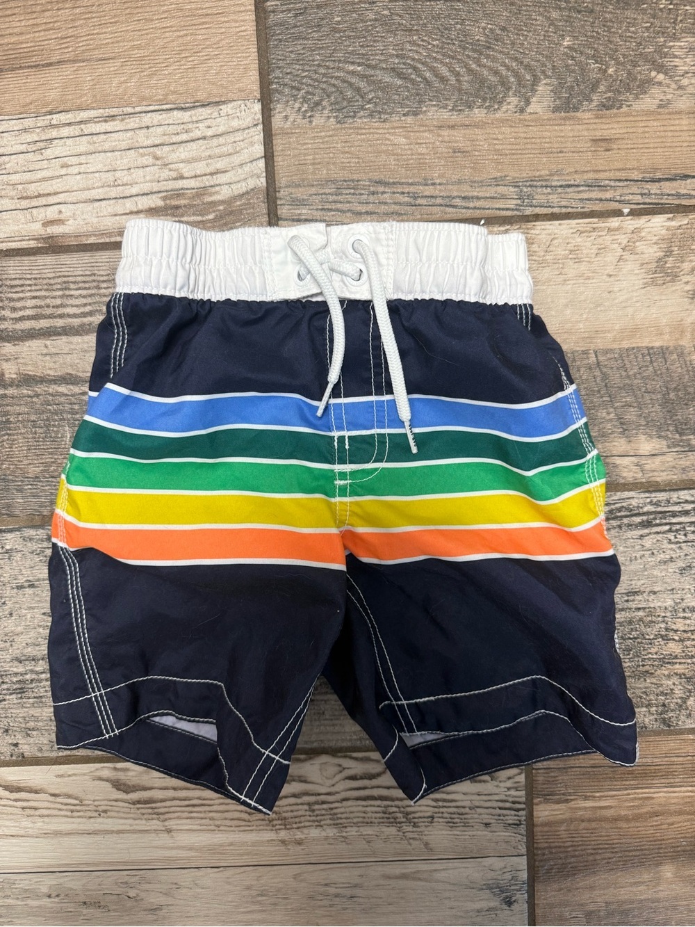 GAP Navy Swim Trunks with Bright Rainbow Stripes